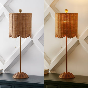 Celerie 27.5" Coastal Bohemian Rattan/Iron Scalloped Buffet LED Table Lamps with Pull Chain (Set of 2)